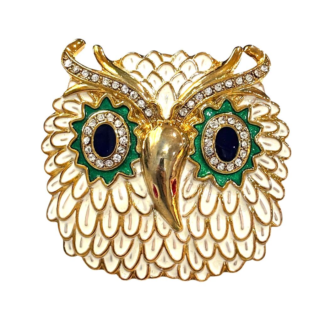 Unique gold owl brooch cream enamel green & black eyes white rhinestones trim